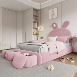 Lit Simple 90x200 cm - Lit enfant Rembourré avec Oreilles de Lapin et 2 Tabourets de Rangement - Velours - Rose