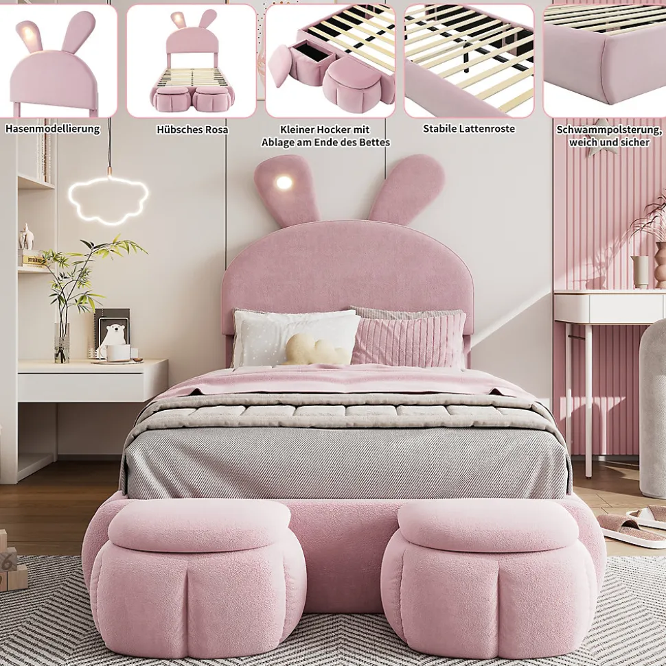 Lit Simple 90x200 cm - Lit enfant Rembourré avec Oreilles de Lapin et 2 Tabourets de Rangement - Velours - Rose