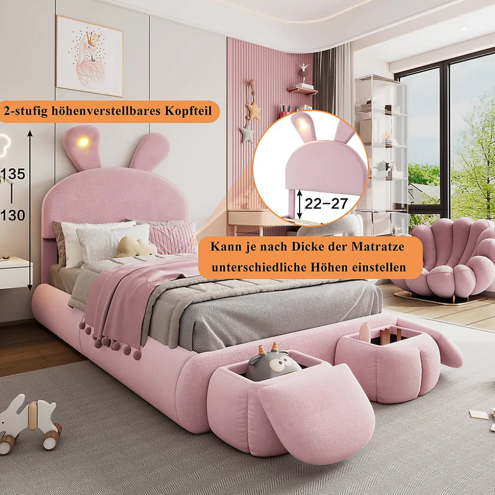 Lit Simple 90x200 cm - Lit enfant Rembourré avec Oreilles de Lapin et 2 Tabourets de Rangement - Velours - Rose