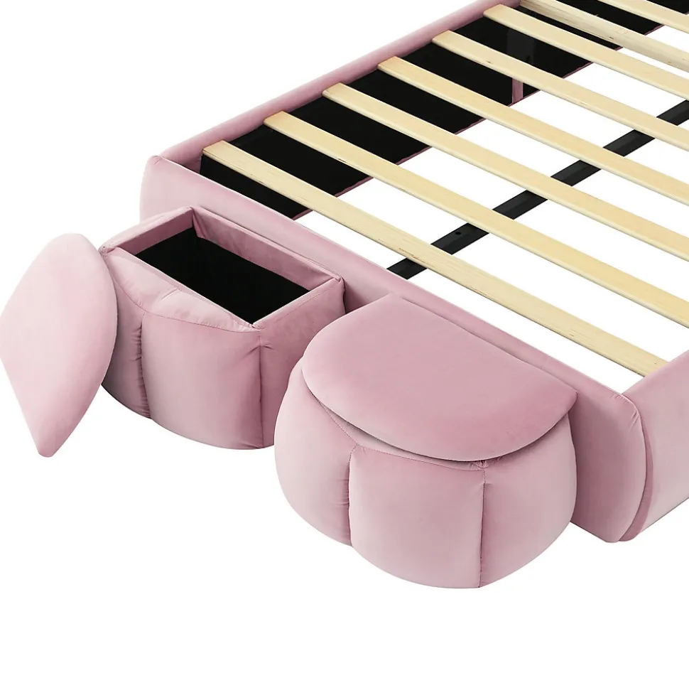 Lit Simple 90x200 cm - Lit enfant Rembourré avec Oreilles de Lapin et 2 Tabourets de Rangement - Velours - Rose