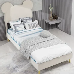 Lit Simple 90x200 cm - Lit Enfant avec Tête Cartoon Capitonnée et Cadre Bas, Velours Beige, sans Matelas