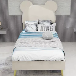 Lit Simple 90x200 cm - Lit Enfant avec Tête Cartoon Capitonnée et Cadre Bas, Velours Beige, sans Matelas