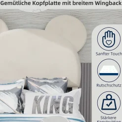 Lit Simple 90x200 cm - Lit Enfant avec Tête Cartoon Capitonnée et Cadre Bas, Velours Beige, sans Matelas