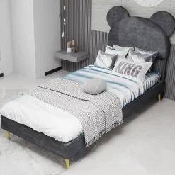 Lit Simple 90x200 cm - Lit Enfant avec Tête Cartoon Capitonnée et Cadre Bas, Velours Gris, sans Matelas
