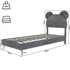Lit Simple 90x200 cm - Lit Enfant avec Tête Cartoon Capitonnée et Cadre Bas, Velours Gris, sans Matelas