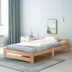 Lit Simple 90x200 cm - Lit Futon Naturel avec Tête de Lit en Bois Massif - Sommier Inclus - Minimaliste Scandinave - Sans Matelas