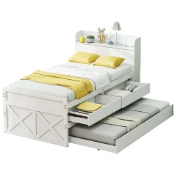 Lit Simple 90x190 cm - Lit Junior avec Tiroirs Coulissants et Table de Chevet avec Étageres, Prise USB - Bois Massif - Blanc