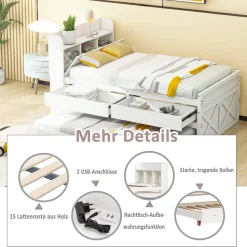 Lit Simple 90x190 cm - Lit Junior avec Tiroirs Coulissants et Table de Chevet avec Étageres, Prise USB - Bois Massif - Blanc