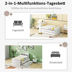 Lit Simple 90x190 cm - Lit Junior avec Tiroirs Coulissants et Table de Chevet avec Étageres, Prise USB - Bois Massif - Blanc