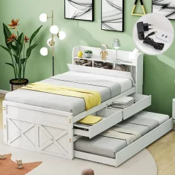 Lit Simple 90x190 cm - Lit Junior avec Tiroirs Coulissants et Table de Chevet avec Étageres, Prise USB - Bois Massif - Blanc