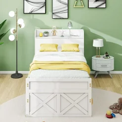 Lit Simple 90x190 cm - Lit Junior avec Tiroirs Coulissants et Table de Chevet avec Étageres, Prise USB - Bois Massif - Blanc