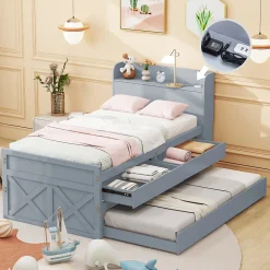 Lit Simple 90x190 cm - Lit Junior avec Tiroir Coulissant et Table de Chevet avec Étageres, Prise USB - Bois Massif - Gris