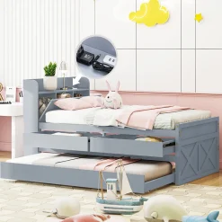 Lit Simple 90x190 cm - Lit Junior avec Tiroir Coulissant et Table de Chevet avec Étageres, Prise USB - Bois Massif - Gris