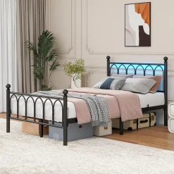 Lit Simple 120x200 cm - Lit Métal Ado Vintage avec LED et Ports USB, Barres Acier Renforcées, Sans Matelas - Métal Noir