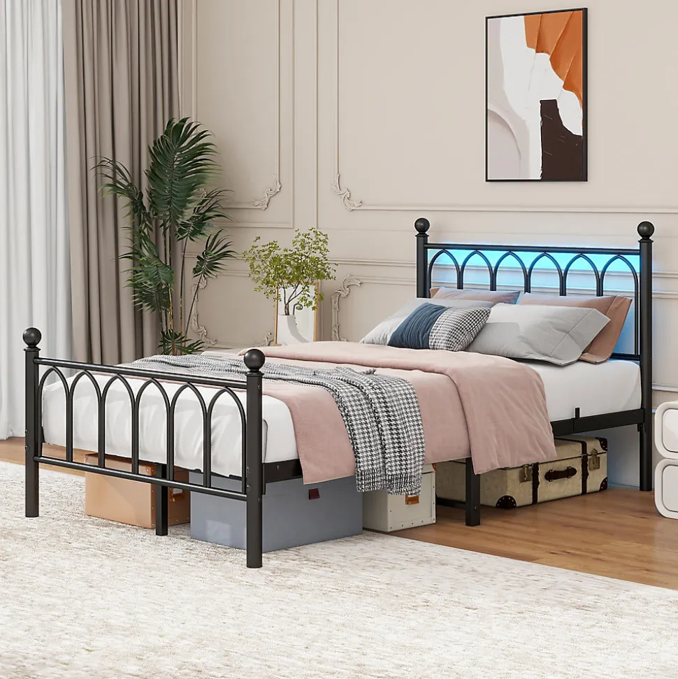 Lit Simple 120x200 cm - Lit Métal Ado Vintage avec LED et Ports USB, Barres Acier Renforcées, Sans Matelas - Métal Noir