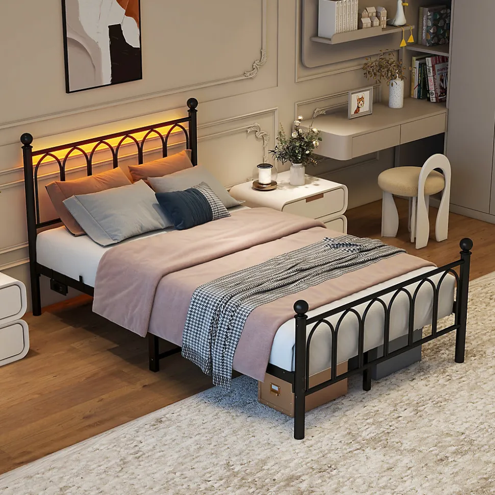 Lit Simple 120x200 cm - Lit Métal Ado Vintage avec LED et Ports USB, Barres Acier Renforcées, Sans Matelas - Métal Noir