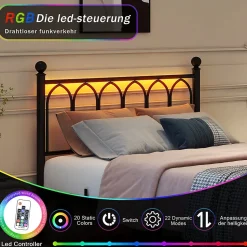 Lit Simple 120x200 cm - Lit Métal Ado Vintage avec LED et Ports USB, Barres Acier Renforcées, Sans Matelas - Métal Noir