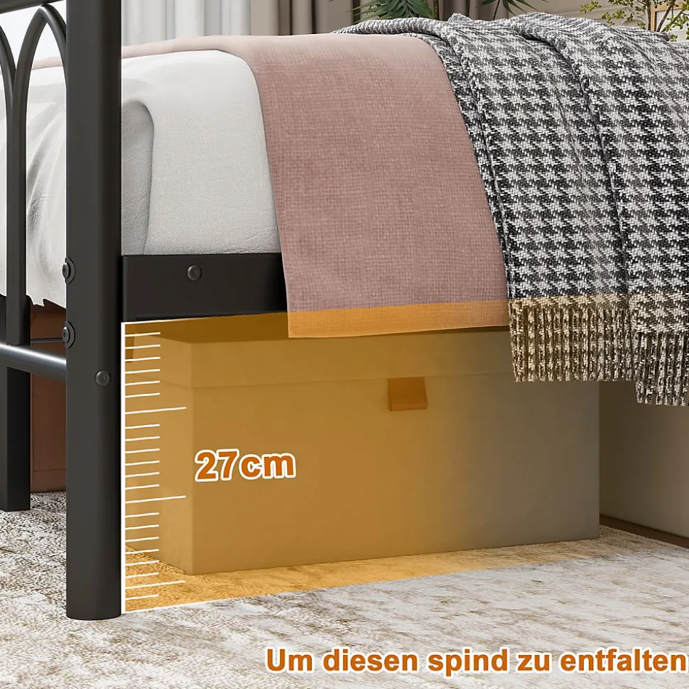 Lit Simple 120x200 cm - Lit Métal Ado Vintage avec LED et Ports USB, Barres Acier Renforcées, Sans Matelas - Métal Noir