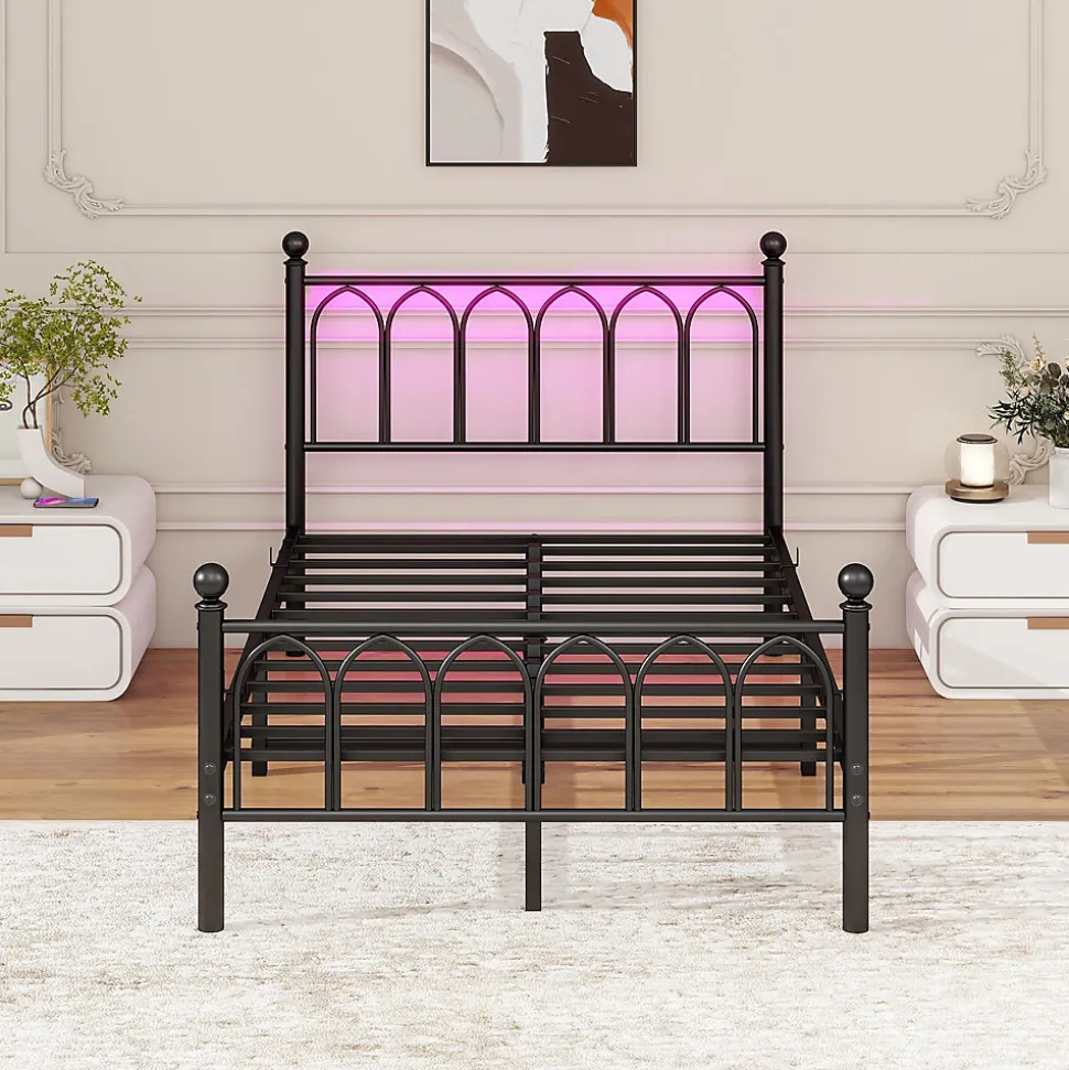 Lit Simple 120x200 cm - Lit Métal Ado Vintage avec LED et Ports USB, Barres Acier Renforcées, Sans Matelas - Métal Noir