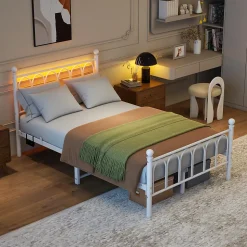 Lit Simple 120x200 cm - Lit Métal Ado Vintage avec LED et Ports USB, Barres Acier Renforcées, Sans Matelas - Métal Blanc