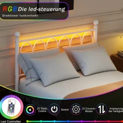 Lit Simple 120x200 cm - Lit Métal Ado Vintage avec LED et Ports USB, Barres Acier Renforcées, Sans Matelas - Métal Blanc