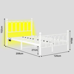 Lit Simple 120x200 cm - Lit Métal Ado Vintage avec LED et Ports USB, Barres Acier Renforcées, Sans Matelas - Métal Blanc