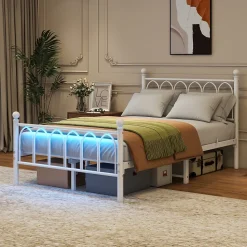 Lit Simple 120x200 cm - Lit Métal Ado Vintage avec LED et Ports USB, Barres Acier Renforcées, Sans Matelas - Métal Blanc