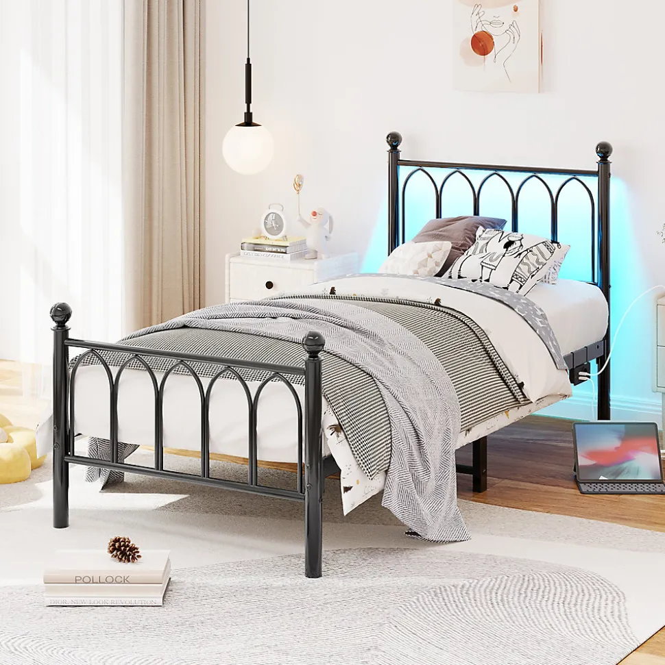 Lit Simple 90x200 cm - Lit Métal Ado avec Éclairage LED et Ports USB, Barres Acier Renforcées, Sans Matelas - Métal Noir