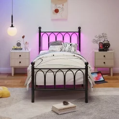 Lit Simple 90x200 cm - Lit Métal Ado avec Éclairage LED et Ports USB, Barres Acier Renforcées, Sans Matelas - Métal Noir