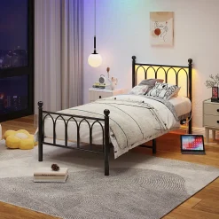 Lit Simple 90x200 cm - Lit Métal Ado avec Éclairage LED et Ports USB, Barres Acier Renforcées, Sans Matelas - Métal Noir