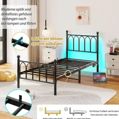 Lit Simple 90x200 cm - Lit Métal Ado avec Éclairage LED et Ports USB, Barres Acier Renforcées, Sans Matelas - Métal Noir