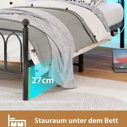 Lit Simple 90x200 cm - Lit Métal Ado avec Éclairage LED et Ports USB, Barres Acier Renforcées, Sans Matelas - Métal Noir