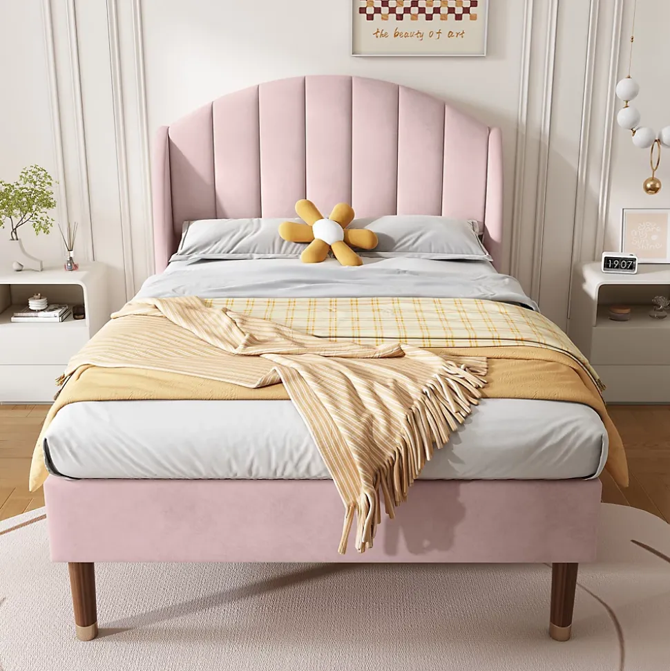 Lit Simple 90x200 cm - Lit Rembourré ado - Velours - Sans Matelas - Rose