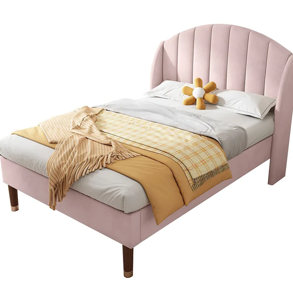 Lit Simple 90x200 cm - Lit Rembourré ado - Velours - Sans Matelas - Rose