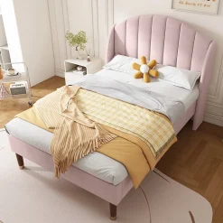 Lit Simple 90x200 cm - Lit Rembourré ado - Velours - Sans Matelas - Rose