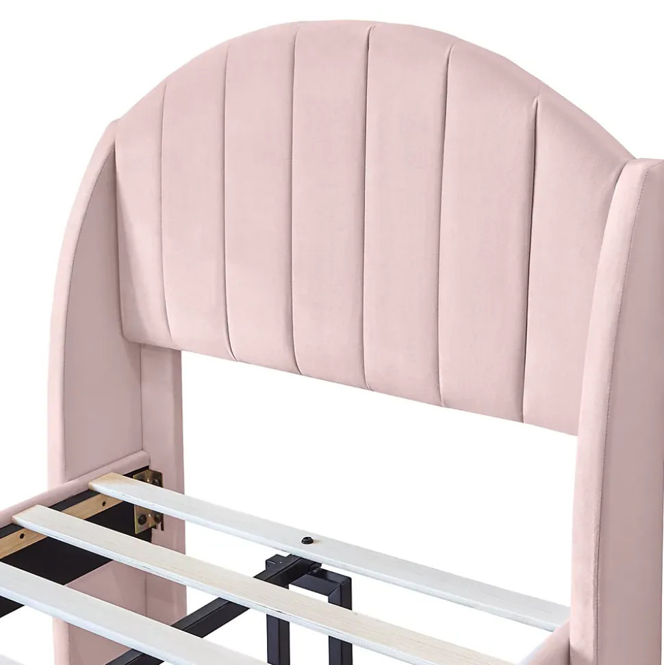 Lit Simple 90x200 cm - Lit Rembourré ado - Velours - Sans Matelas - Rose