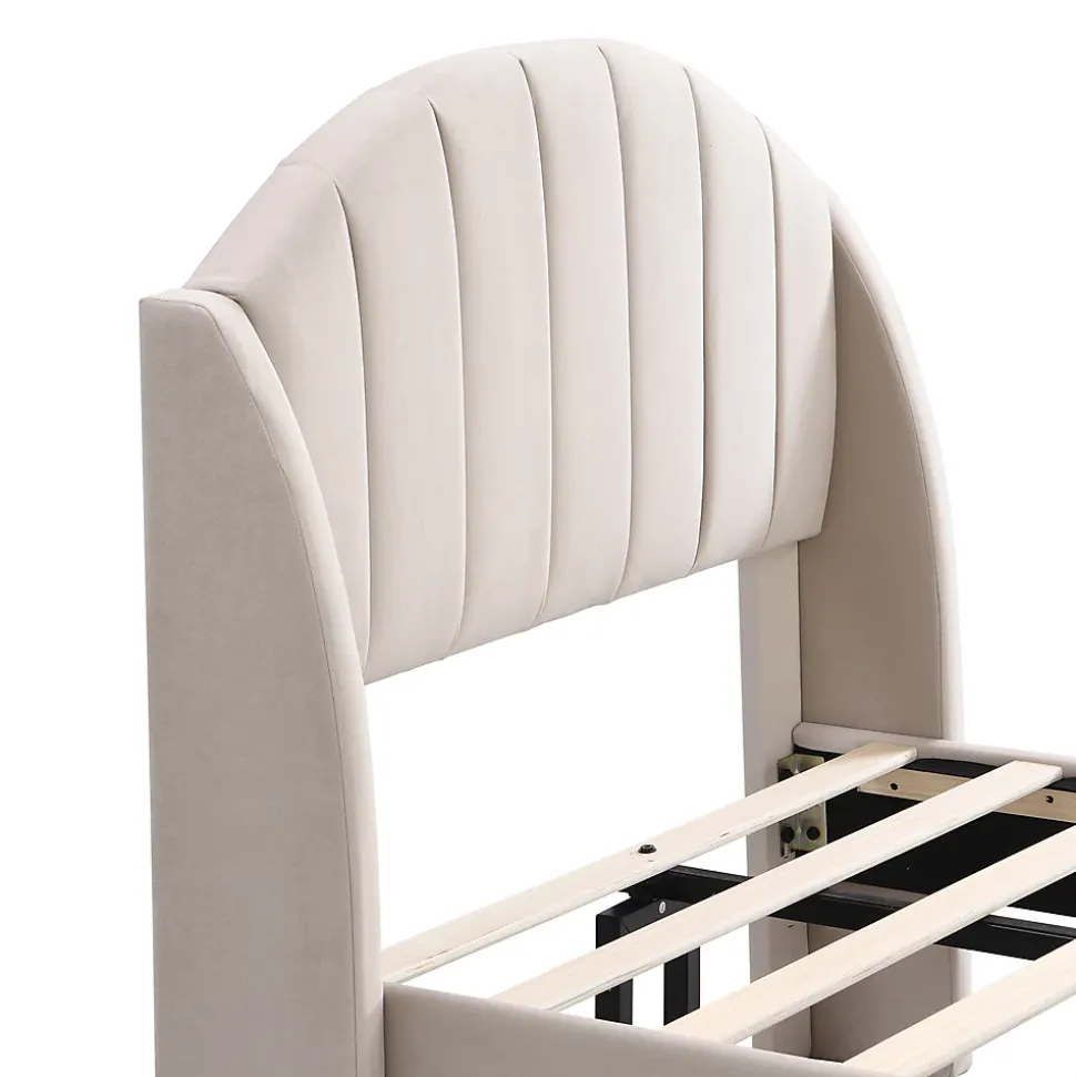 Lit Simple 90x200 cm - Lit Rembourré ado - Velours - Sans Matelas - Beige