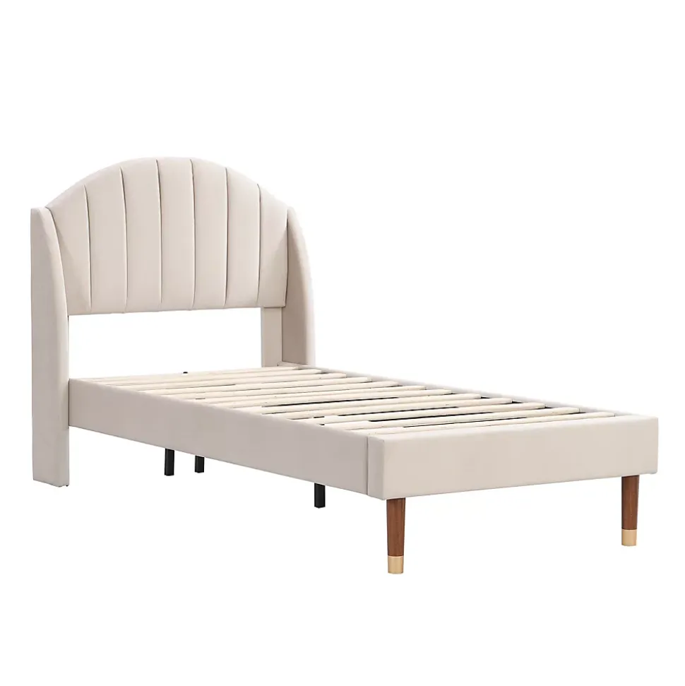 Lit Simple 90x200 cm - Lit Rembourré ado - Velours - Sans Matelas - Beige