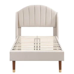 Lit Simple 90x200 cm - Lit Rembourré ado - Velours - Sans Matelas - Beige