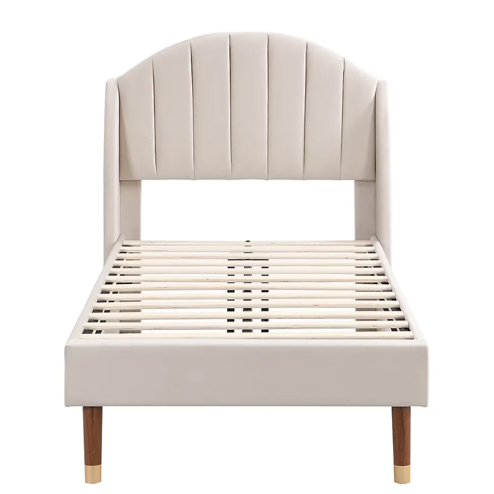 Lit Simple 90x200 cm - Lit Rembourré ado - Velours - Sans Matelas - Beige