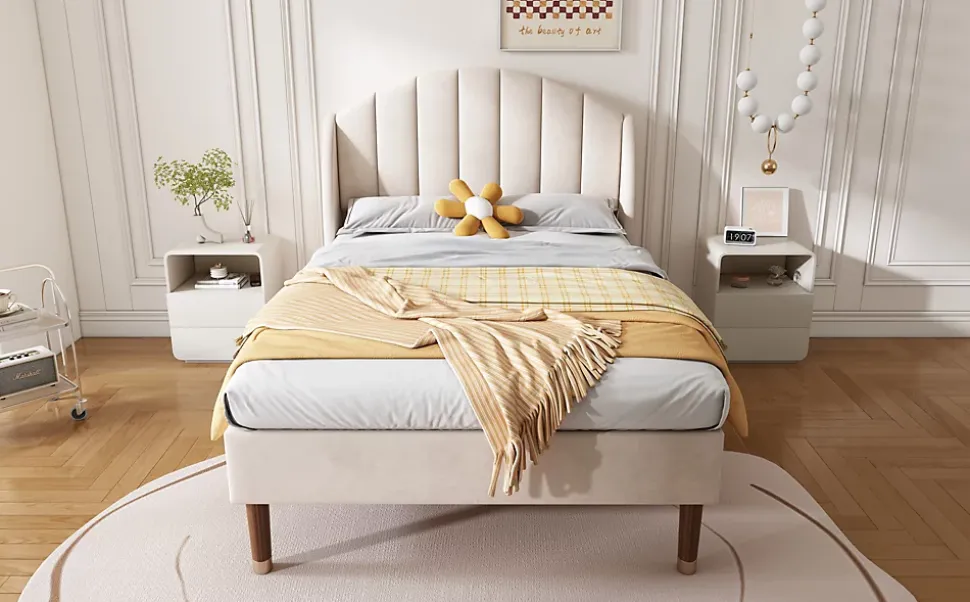 Lit Simple 90x200 cm - Lit Rembourré ado - Velours - Sans Matelas - Beige