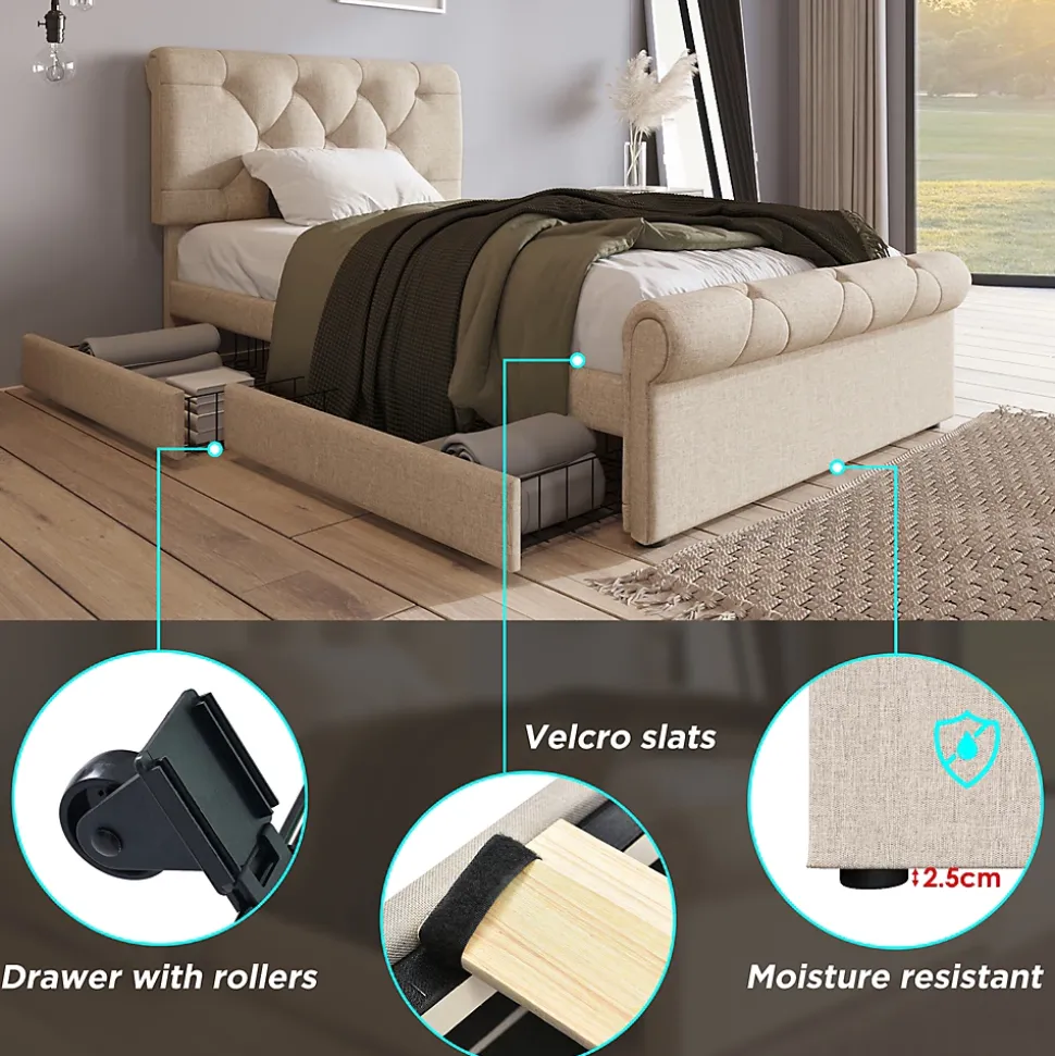 Lit simple 90x200 cm - Lit simple capitonné avec 2 Tiroirs et Tête de Lit Réglable, Gris Clair, Sans Matelas