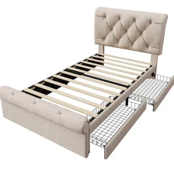 Lit simple 90x200 cm - Lit simple capitonné avec 2 Tiroirs et Tête de Lit Réglable, Gris Clair, Sans Matelas