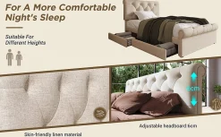 Lit simple 90x200 cm - Lit simple capitonné avec 2 Tiroirs et Tête de Lit Réglable, Gris Clair, Sans Matelas