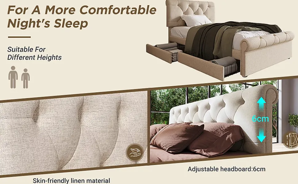 Lit simple 90x200 cm - Lit simple capitonné avec 2 Tiroirs et Tête de Lit Réglable, Gris Clair, Sans Matelas