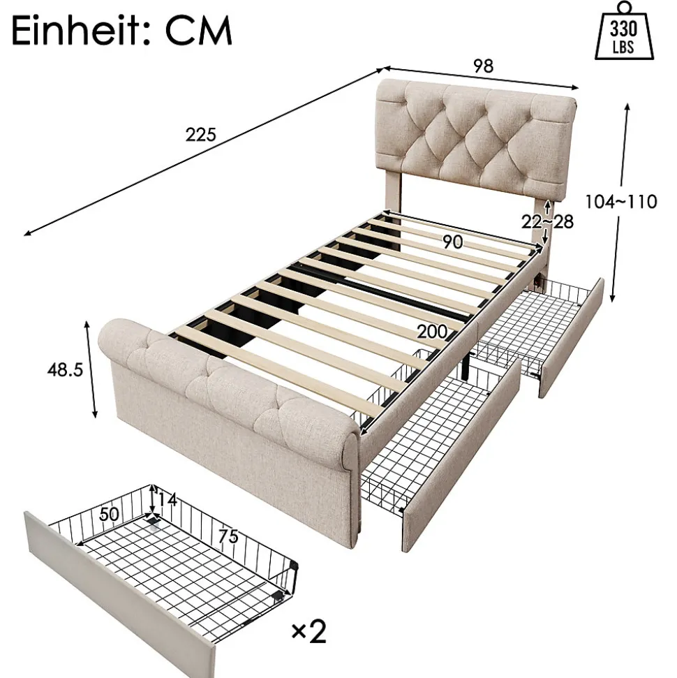 Lit simple 90x200 cm - Lit simple capitonné avec 2 Tiroirs et Tête de Lit Réglable, Gris Clair, Sans Matelas