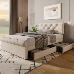 Lit simple 90x200 cm - Lit simple capitonné avec 2 Tiroirs et Tête de Lit Réglable, Gris Clair, Sans Matelas