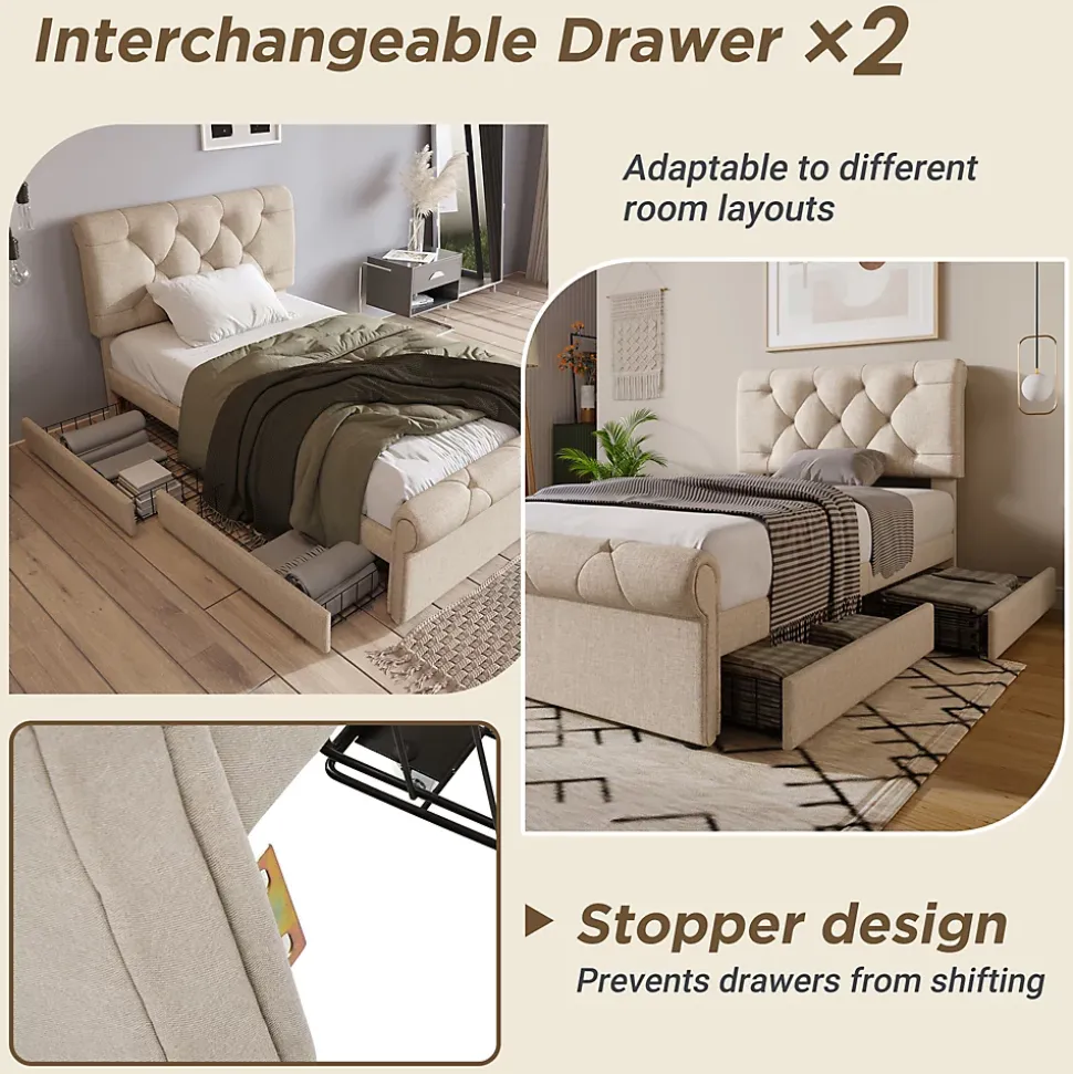 Lit simple 90x200 cm - Lit simple capitonné avec 2 Tiroirs et Tête de Lit Réglable, Gris Clair, Sans Matelas