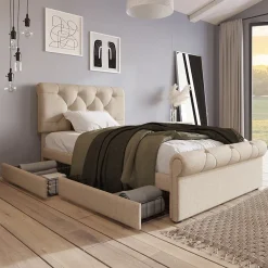 Lit simple 90x200 cm - Lit simple capitonné avec 2 Tiroirs et Tête de Lit Réglable, Gris Clair, Sans Matelas