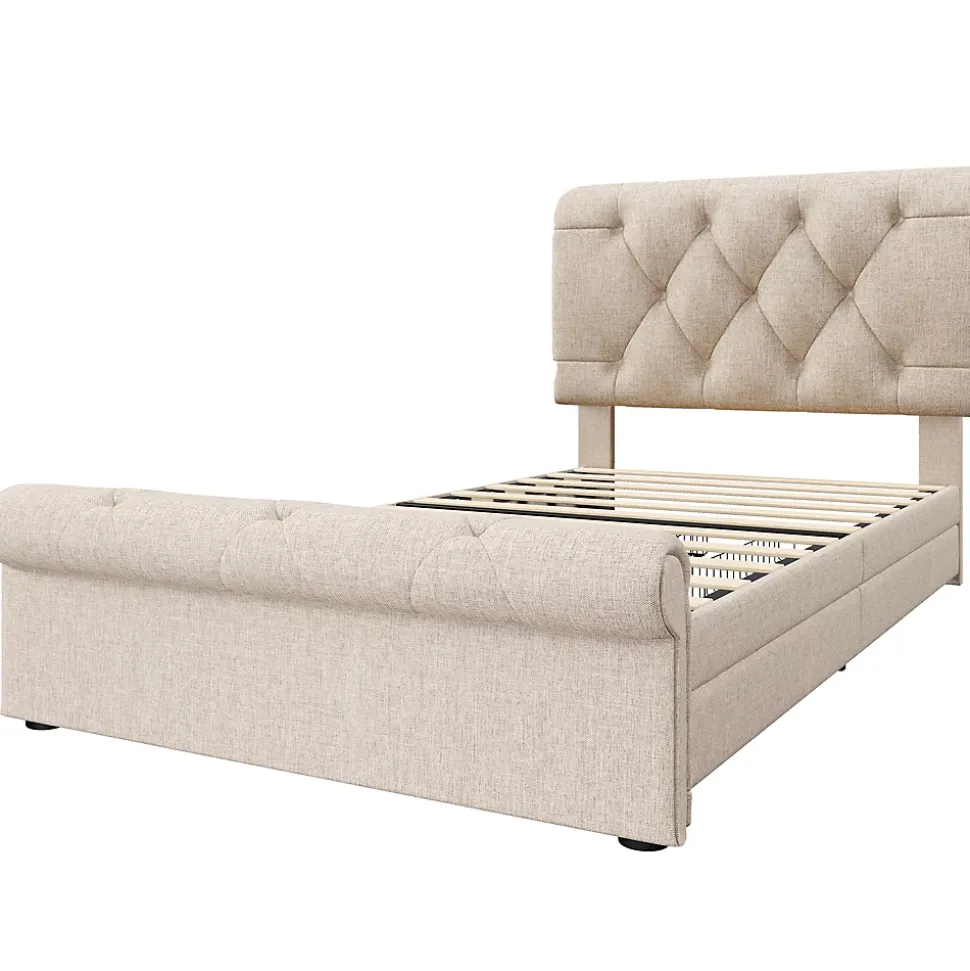 Lit simple 90x200 cm - Lit simple capitonné avec 2 Tiroirs et Tête de Lit Réglable, Gris Clair, Sans Matelas